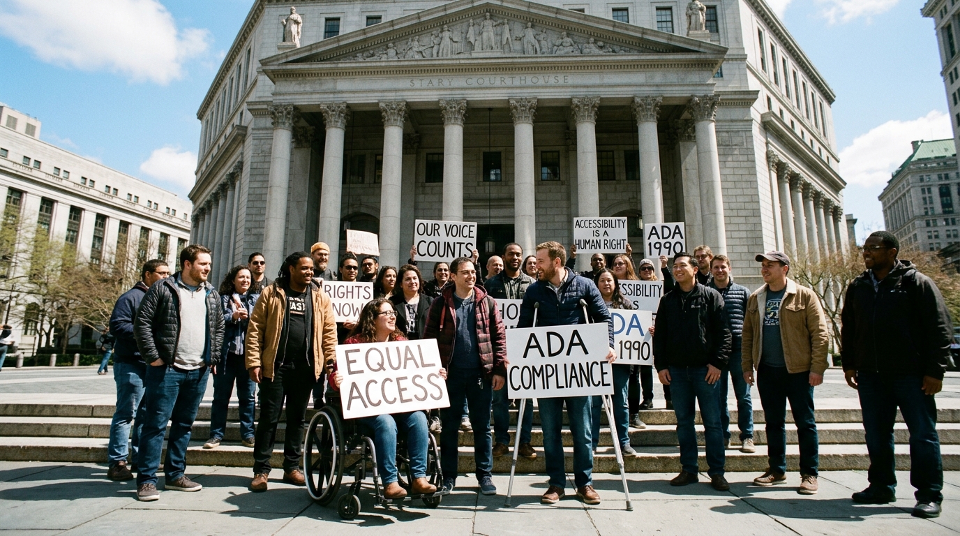 A photorealistic scene representing civic advocacy: A diverse group of people with disabilities gathered outside a courthouse, holding signs advocating for equal rights.