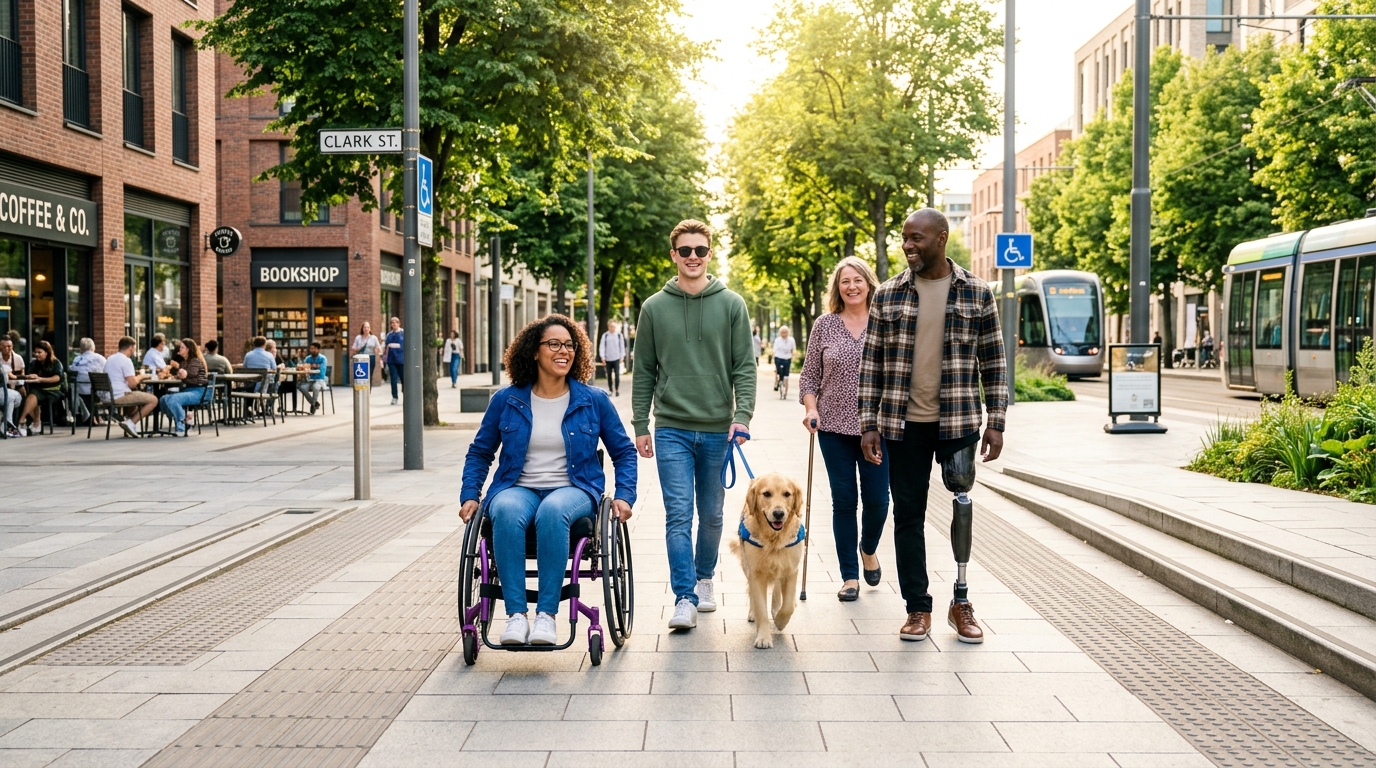 A photorealistic scene showing a diverse group of smiling people with disabilities walking happily down a sunny, modern city street with accessible ramps.