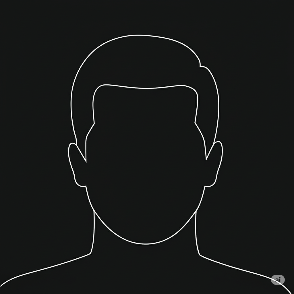 A simple white outline of a person’s head and shoulders on a black background, with no facial features or details.