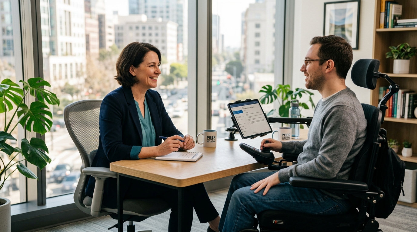 A photorealistic scene representing peer support and guidance: A counselor smiles and talks supportively with a client inside a bright modern office.