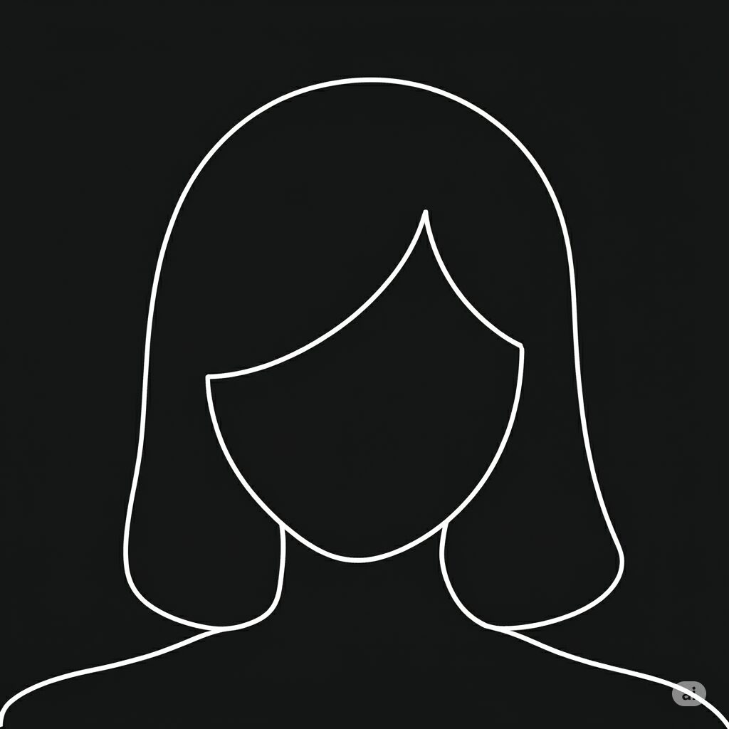 A minimalist white outline drawing of a woman with shoulder-length hair on a solid black background; no facial features or details are shown.