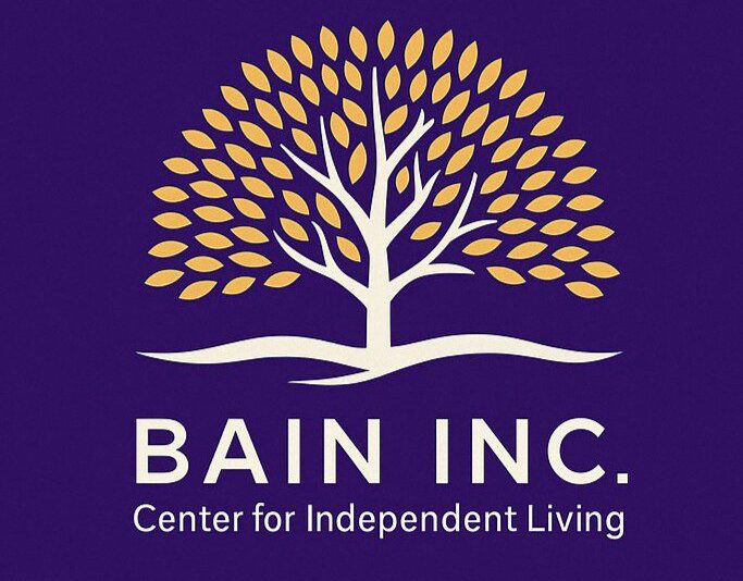 Logo on a purple background showing a stylized yellow and white tree above the text BAIN INC. Center for Independent Living.